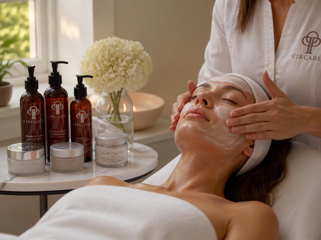 Licensed esthetician performing a Circadia facial in a luxury spa room